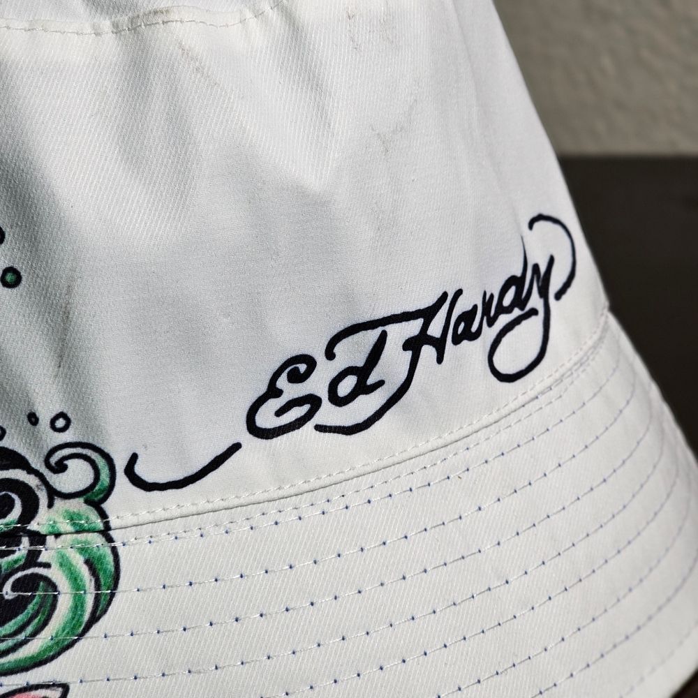 Ed Hardy By Christian Audigier Fish Tattoo Bucket Hat Reversible White Blue New - Picture 4 of 9